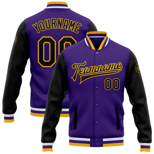 Custom Purple Black-Gold Bomber Full-Snap Varsity Letterman Two Tone Jacket - Main View