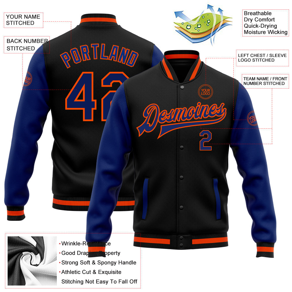 Custom Black Royal-Orange Bomber Full-Snap Varsity Letterman Two Tone Jacket view 5