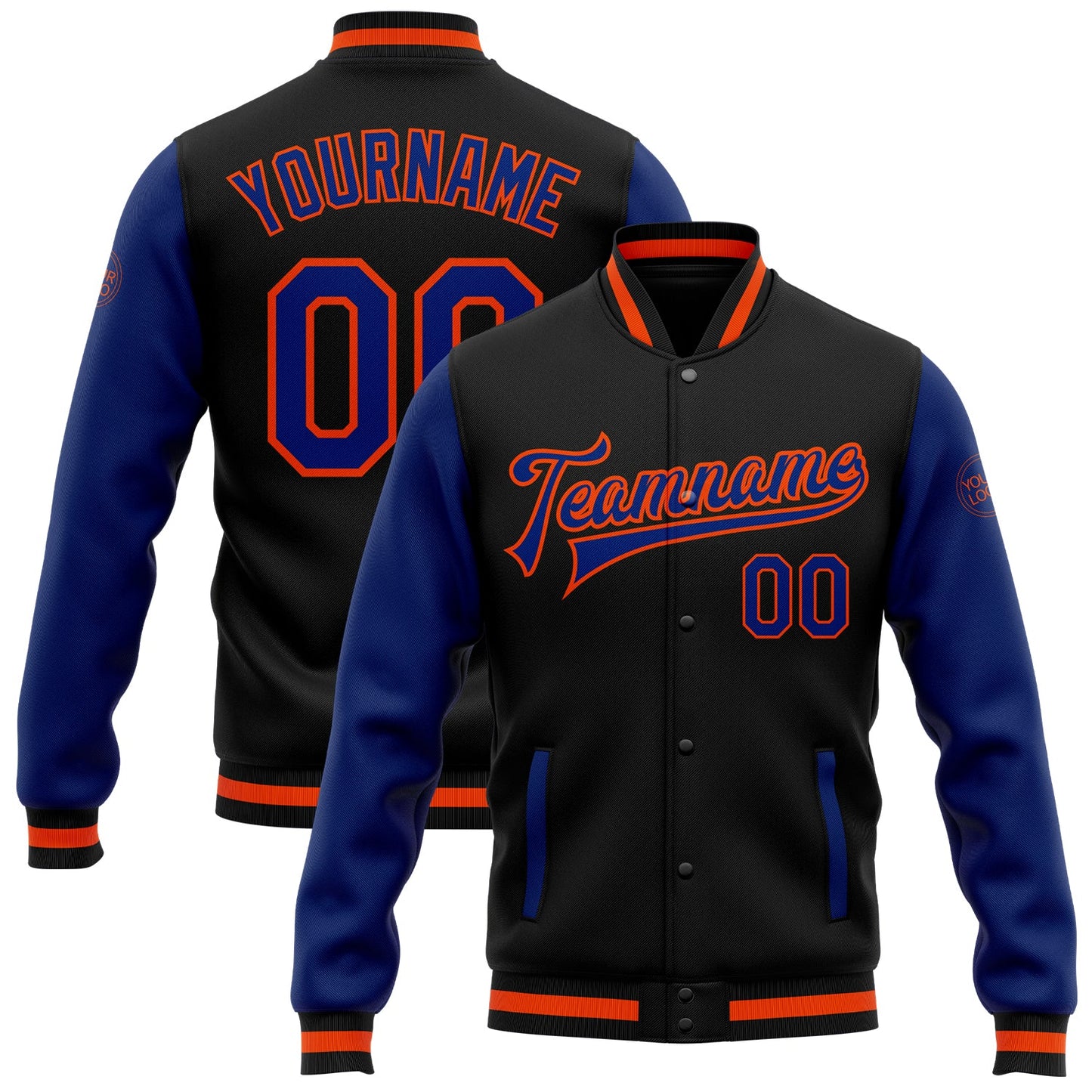 Custom Black Royal-Orange Bomber Full-Snap Varsity Letterman Two Tone Jacket - Main View