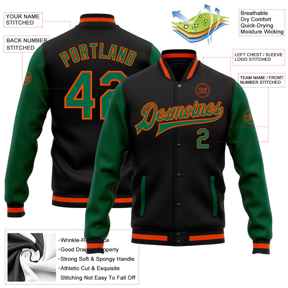 Custom Black Kelly Green-Orange Bomber Full-Snap Varsity Letterman Two Tone Jacket view 5