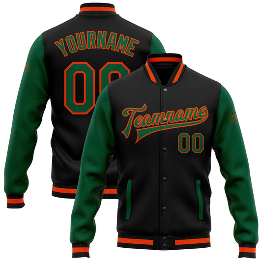 Custom Black Kelly Green-Orange Bomber Full-Snap Varsity Letterman Two Tone Jacket - Main View