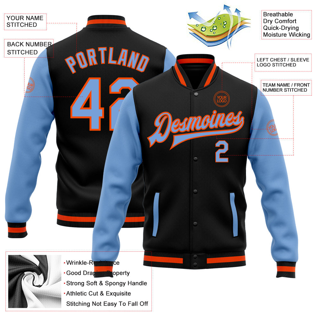 Custom Black Light Blue-Orange Bomber Full-Snap Varsity Letterman Two Tone Jacket view 5