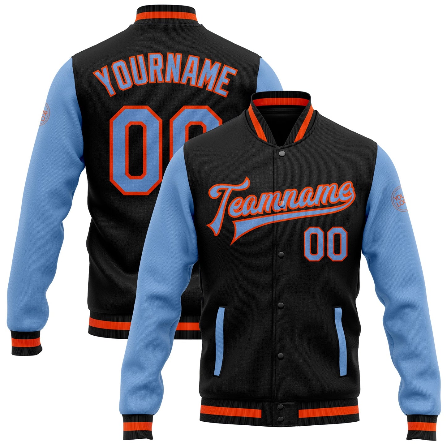 Custom Black Light Blue-Orange Bomber Full-Snap Varsity Letterman Two Tone Jacket - Main View