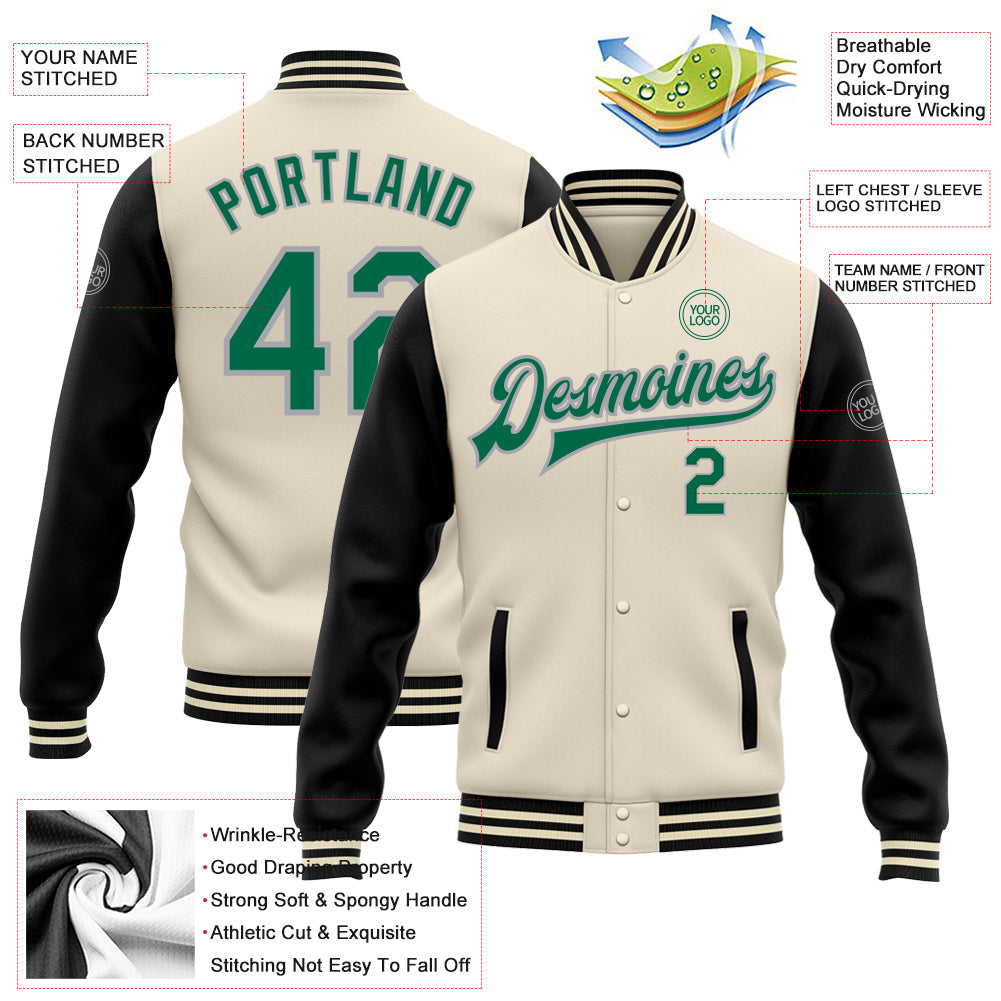 Custom Cream Kelly Green Black-Gray Bomber Full-Snap Varsity Letterman Two Tone Jacket view 5