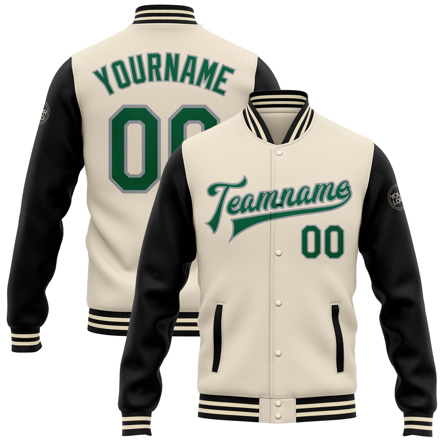 Custom Cream Kelly Green Black-Gray Bomber Full-Snap Varsity Letterman Two Tone Jacket - Main View