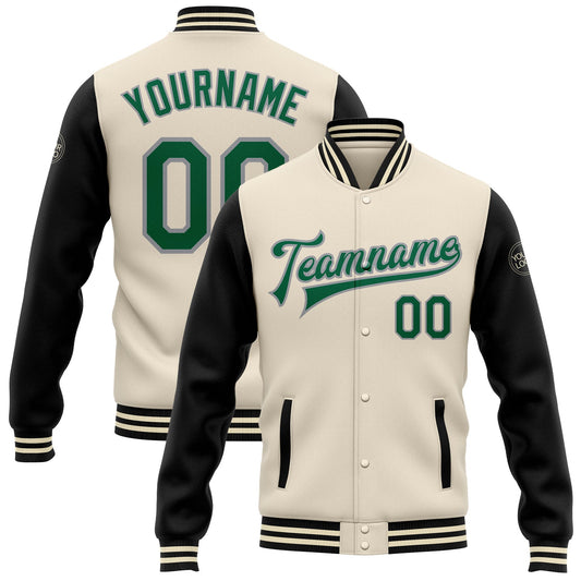 Custom Cream Kelly Green Black-Gray Bomber Full-Snap Varsity Letterman Two Tone Jacket - Main View