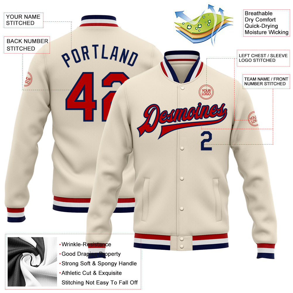 Custom Cream Red-Navy Bomber Full-Snap Varsity Letterman Jacket view 5