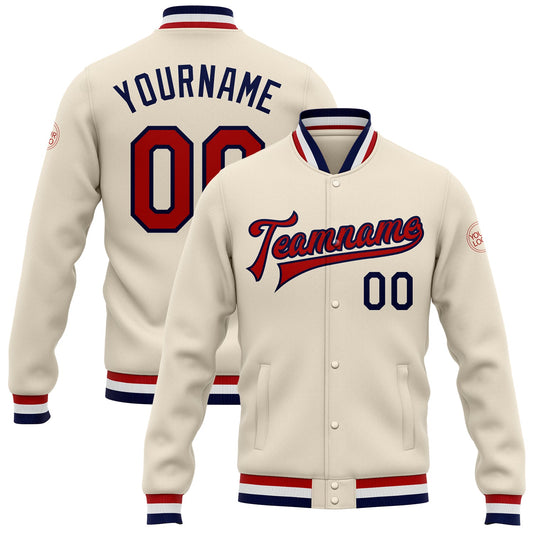 Custom Cream Red-Navy Bomber Full-Snap Varsity Letterman Jacket - Main View