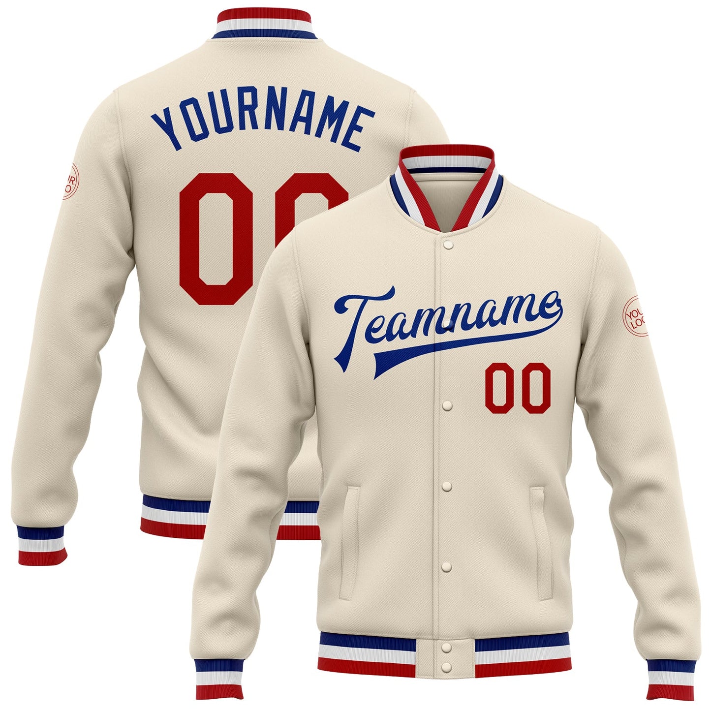 Custom Cream Red-Royal Bomber Full-Snap Varsity Letterman Jacket - Main View