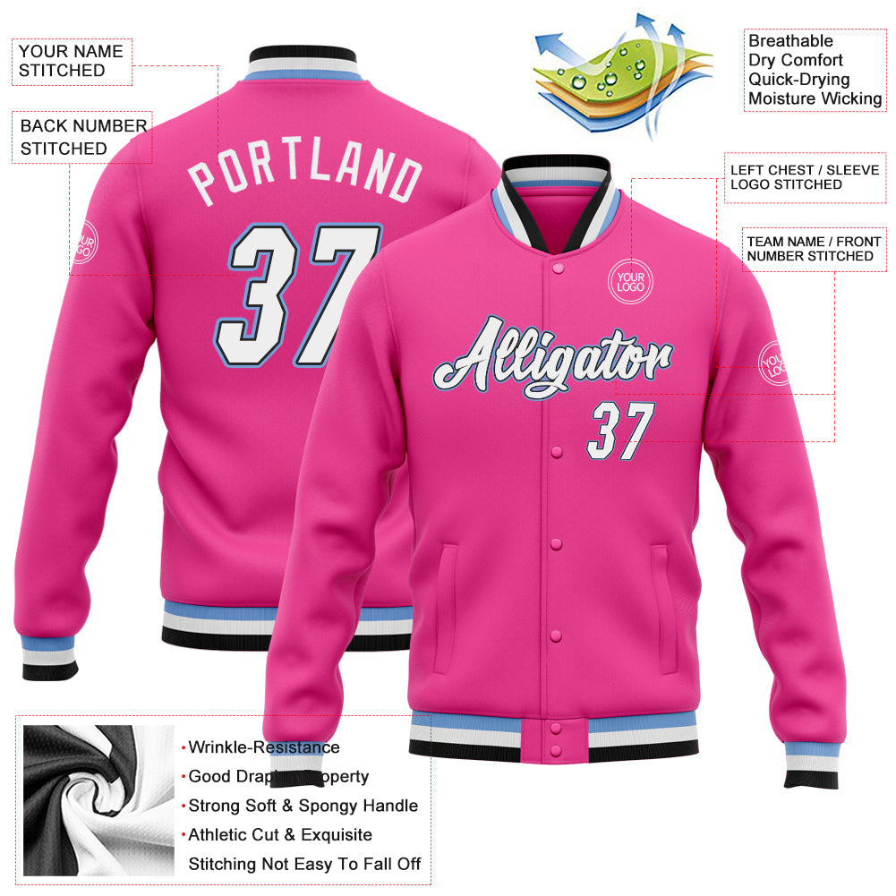 Custom Pink White Black-Light Blue Bomber Full-Snap Varsity Letterman Jacket view 5
