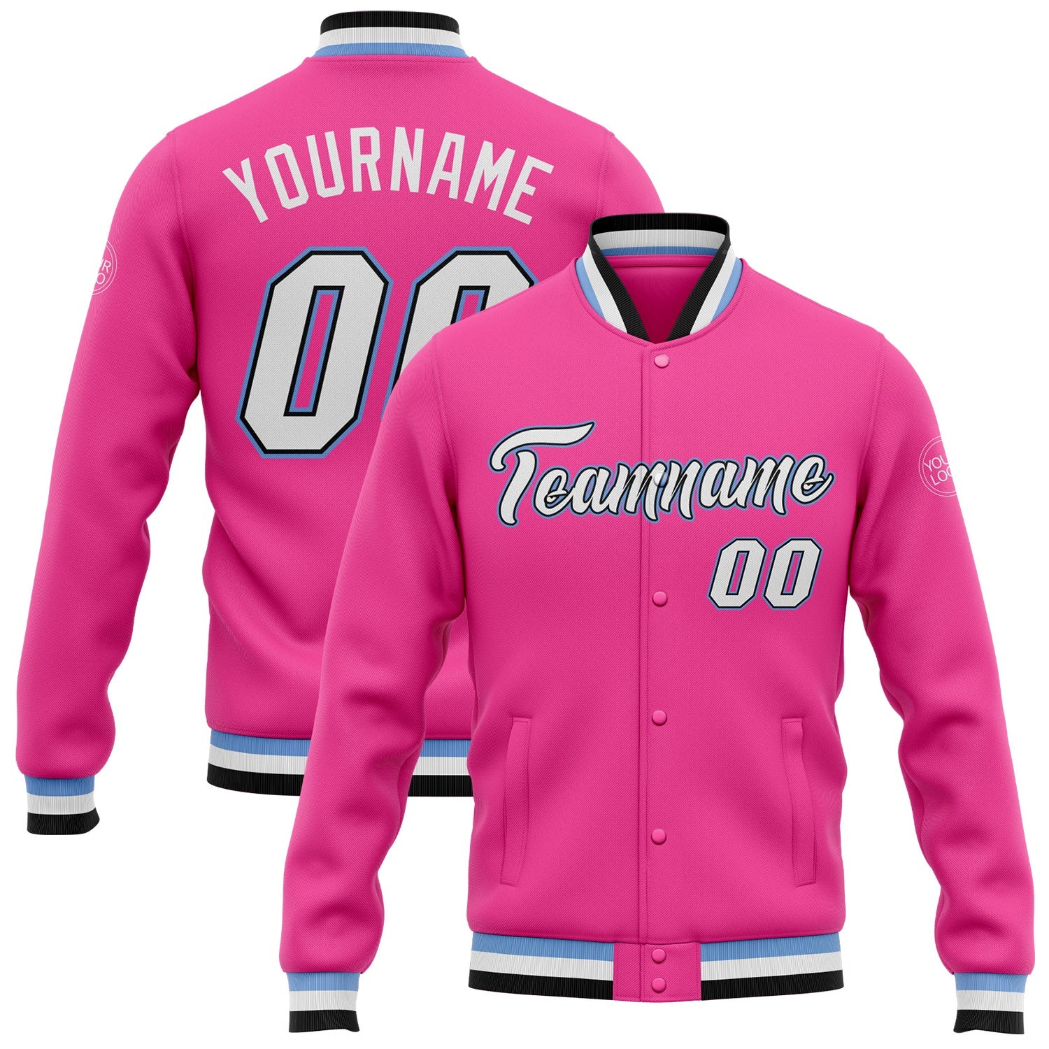 Custom Pink White Black-Light Blue Bomber Full-Snap Varsity Letterman Jacket - Main View