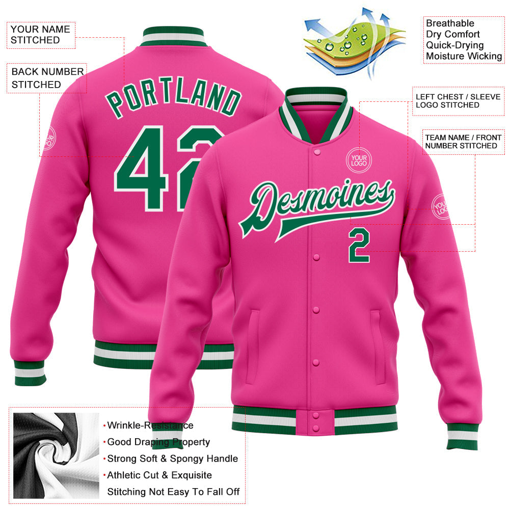 Custom Pink Kelly Green-White Bomber Full-Snap Varsity Letterman Jacket view 5