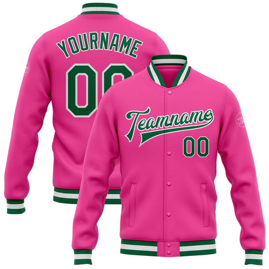 Custom Pink Kelly Green-White Bomber Full-Snap Varsity Letterman Jacket - Main View