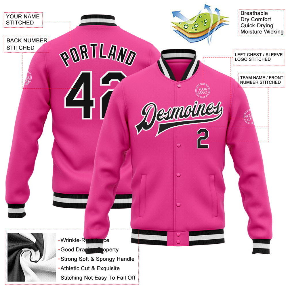 Custom Pink Black-White Bomber Full-Snap Varsity Letterman Jacket view 5
