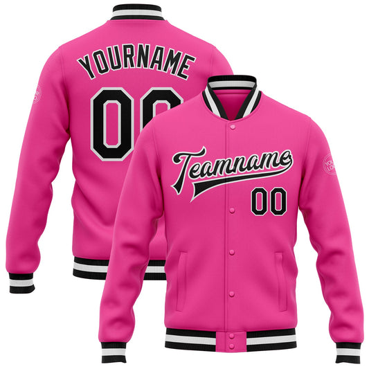 Custom Pink Black-White Bomber Full-Snap Varsity Letterman Jacket - Main View
