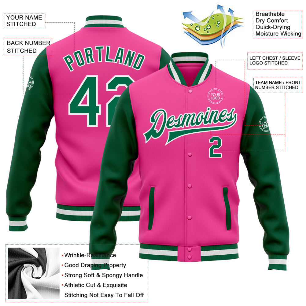 Custom Pink Kelly Green-White Bomber Full-Snap Varsity Letterman Two Tone Jacket view 5