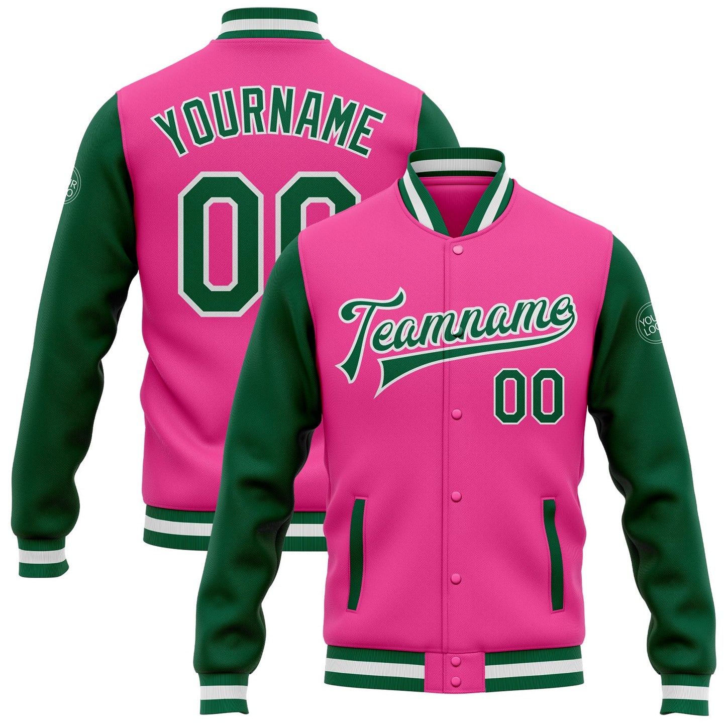 Custom Pink Kelly Green-White Bomber Full-Snap Varsity Letterman Two Tone Jacket - Main View