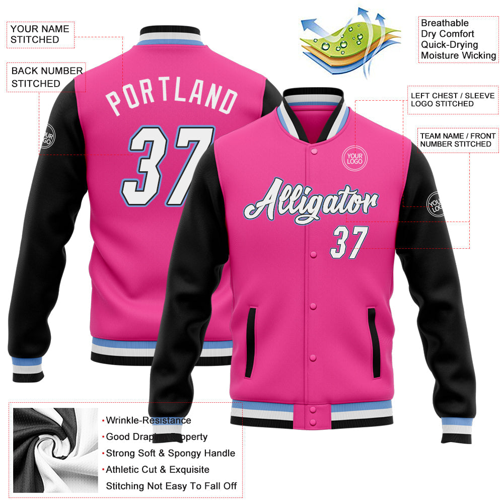Custom Pink White Black-Light Blue Bomber Full-Snap Varsity Letterman Two Tone Jacket view 5