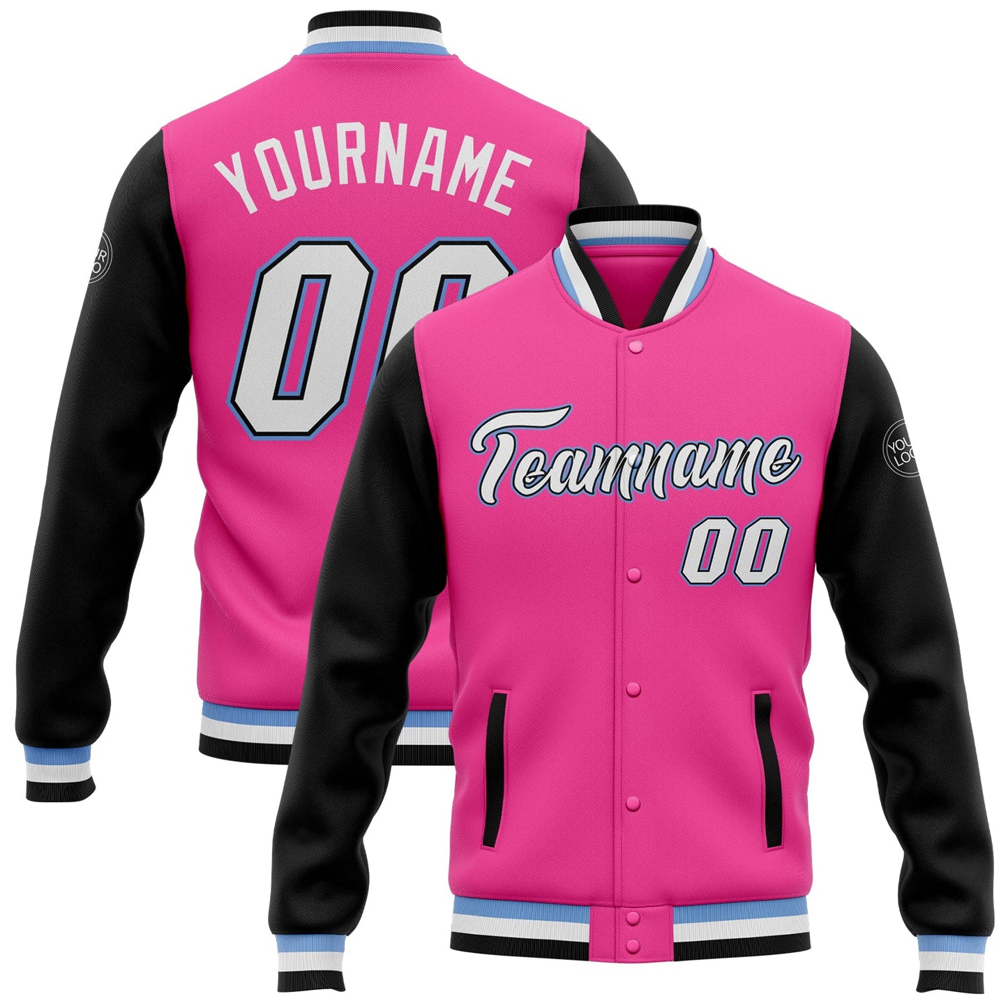 Custom Pink White Black-Light Blue Bomber Full-Snap Varsity Letterman Two Tone Jacket - Main View