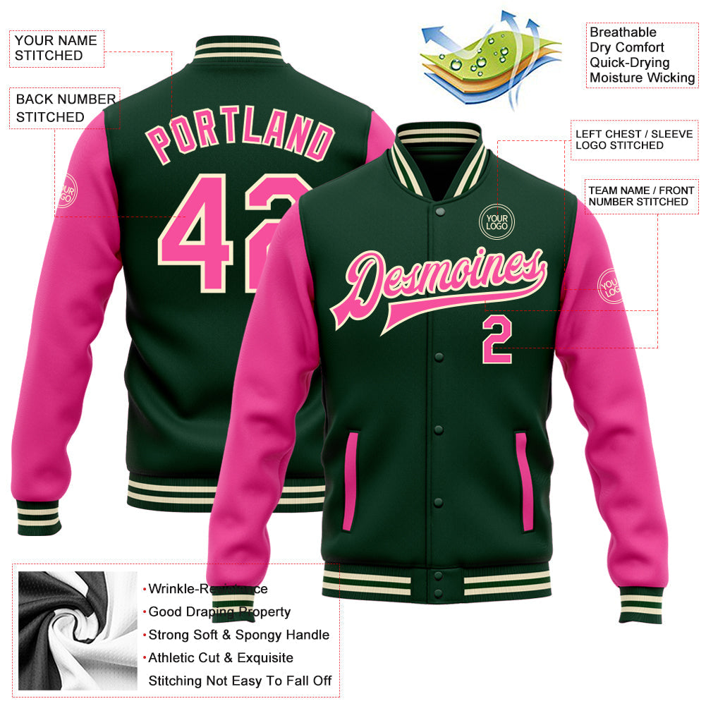 Custom Green Pink-Cream Bomber Full-Snap Varsity Letterman Two Tone Jacket view 5