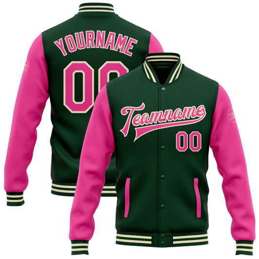 Custom Green Pink-Cream Bomber Full-Snap Varsity Letterman Two Tone Jacket - Main View