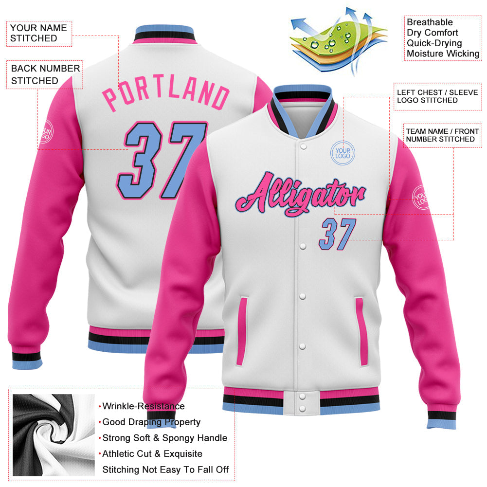 Custom White Light Blue Pink-Black Bomber Full-Snap Varsity Letterman Two Tone Jacket view 5
