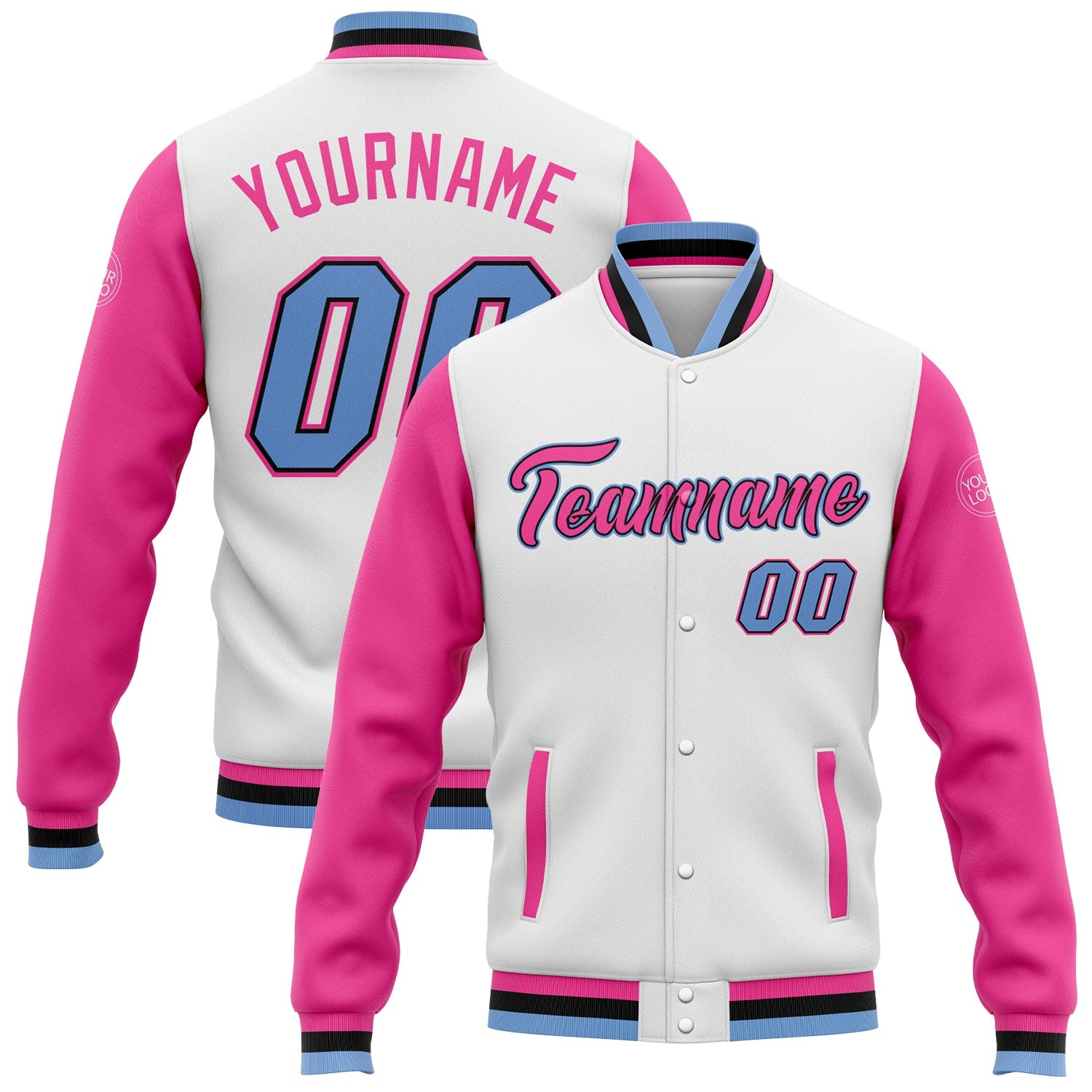 Custom White Light Blue Pink-Black Bomber Full-Snap Varsity Letterman Two Tone Jacket - Main View
