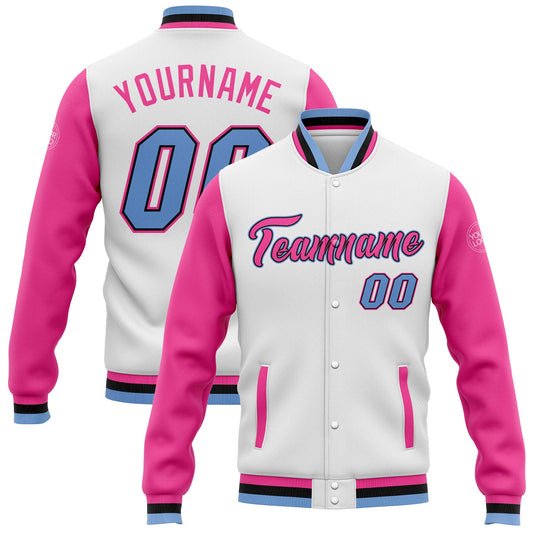 Custom White Light Blue Pink-Black Bomber Full-Snap Varsity Letterman Two Tone Jacket - Main View
