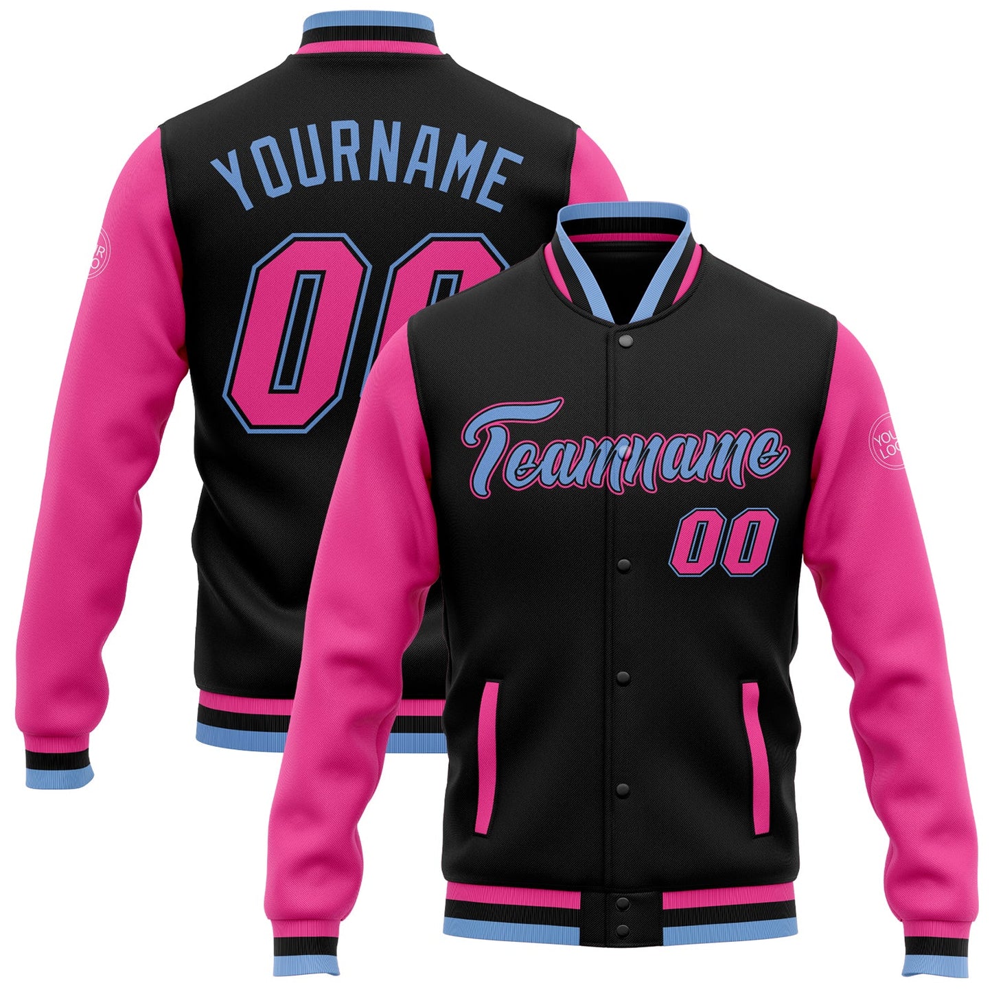 Custom Black Pink-Light Blue Bomber Full-Snap Varsity Letterman Two Tone Jacket - Main View