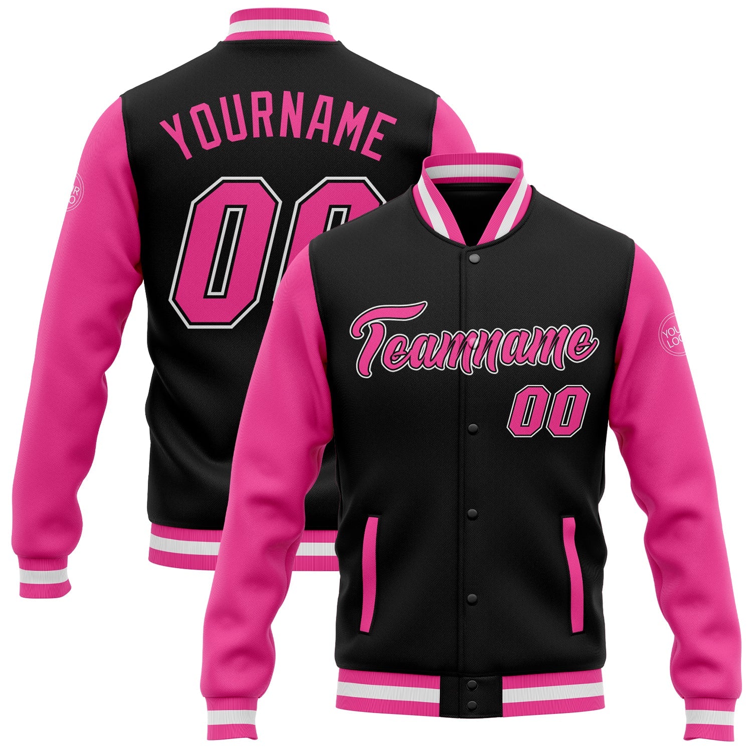 Custom Black Pink-White Bomber Full-Snap Varsity Letterman Two Tone Jacket - Main View