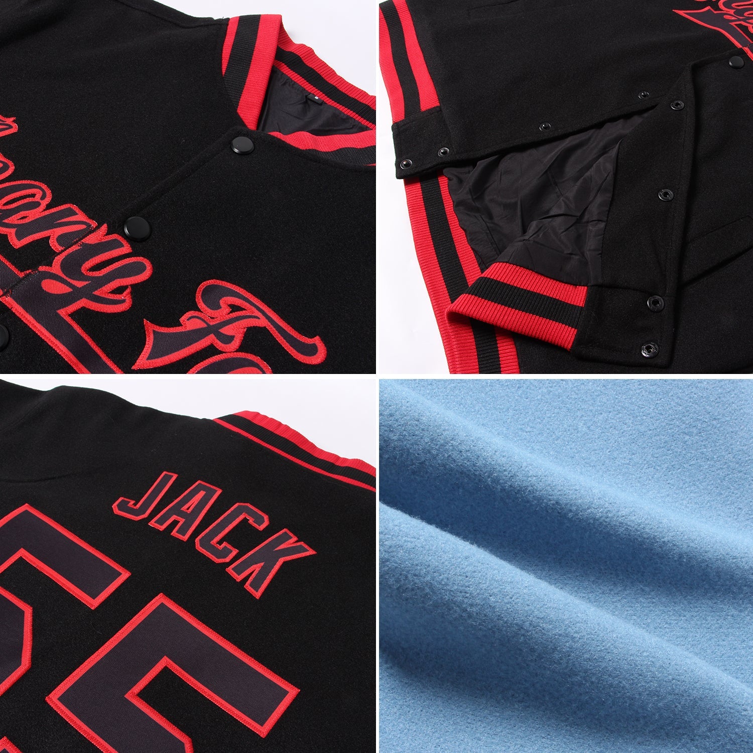 Custom Light Blue Pink-Black Bomber Full-Snap Varsity Letterman Two Tone Jacket view 4