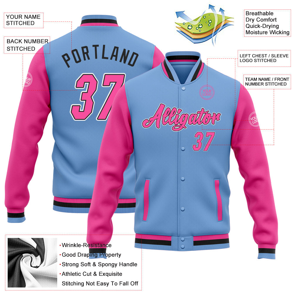 Custom Light Blue Pink-Black Bomber Full-Snap Varsity Letterman Two Tone Jacket view 5