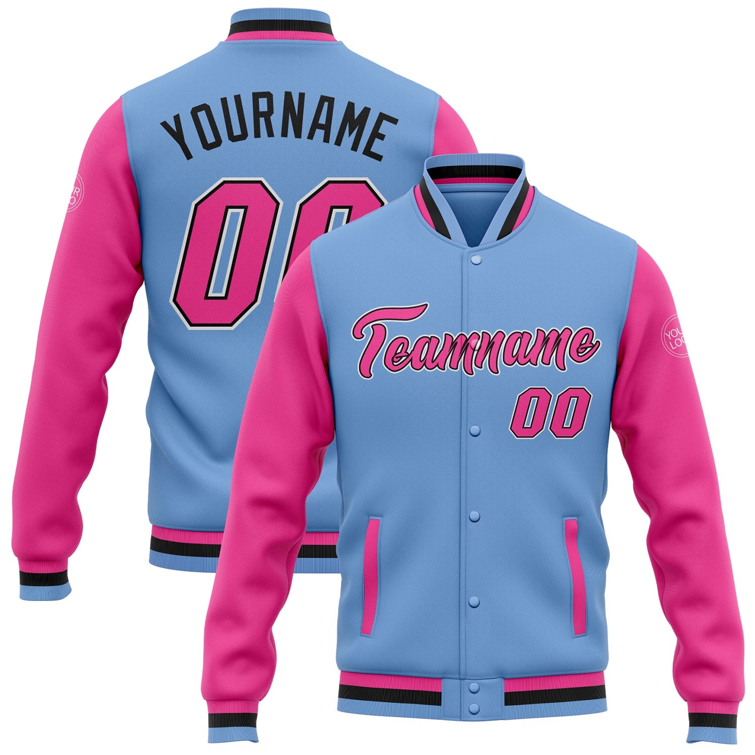 Custom Light Blue Pink-Black Bomber Full-Snap Varsity Letterman Two Tone Jacket - Main View