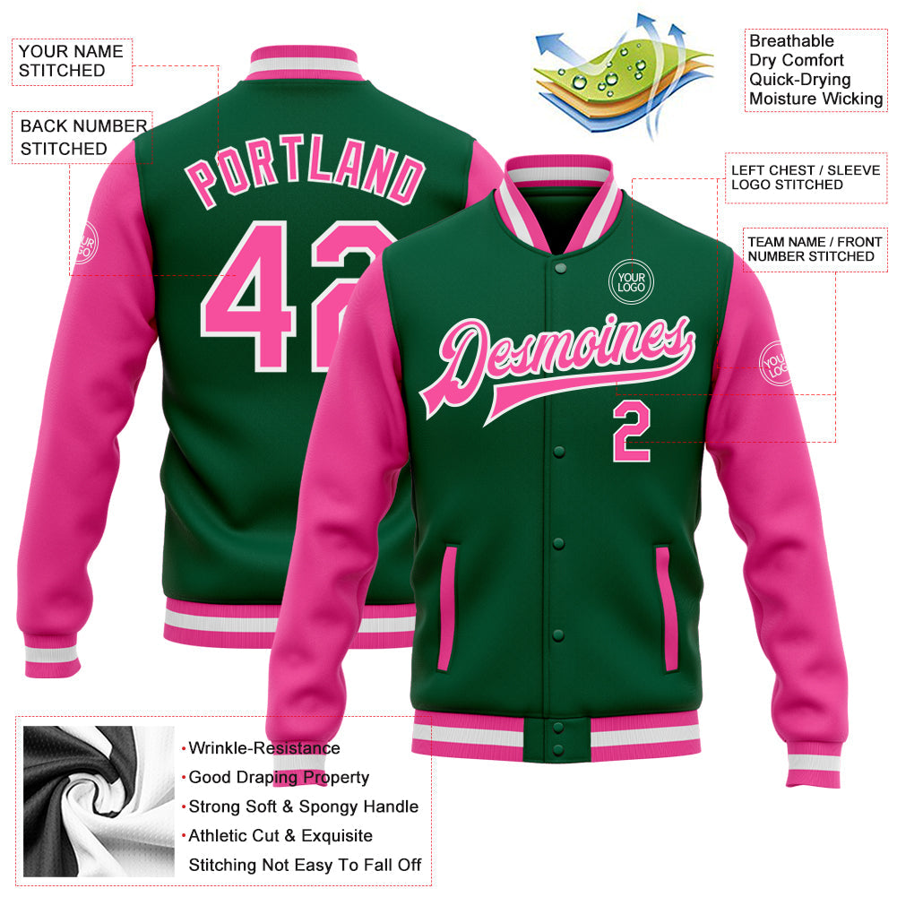 Custom Kelly Green Pink-White Bomber Full-Snap Varsity Letterman Two Tone Jacket view 5
