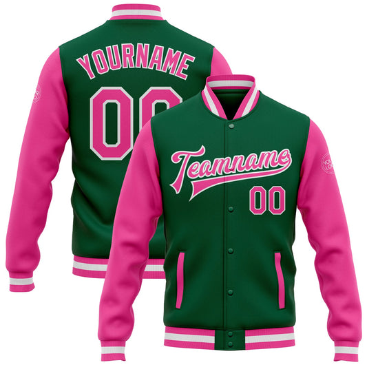 Custom Kelly Green Pink-White Bomber Full-Snap Varsity Letterman Two Tone Jacket - Main View