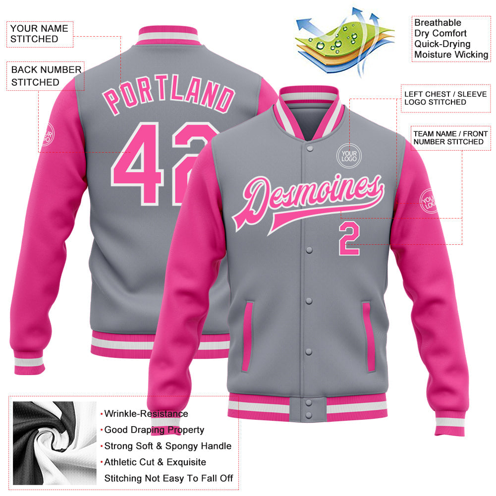 Custom Gray Pink-White Bomber Full-Snap Varsity Letterman Two Tone Jacket view 5
