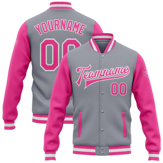 Custom Gray Pink-White Bomber Full-Snap Varsity Letterman Two Tone Jacket - Main View