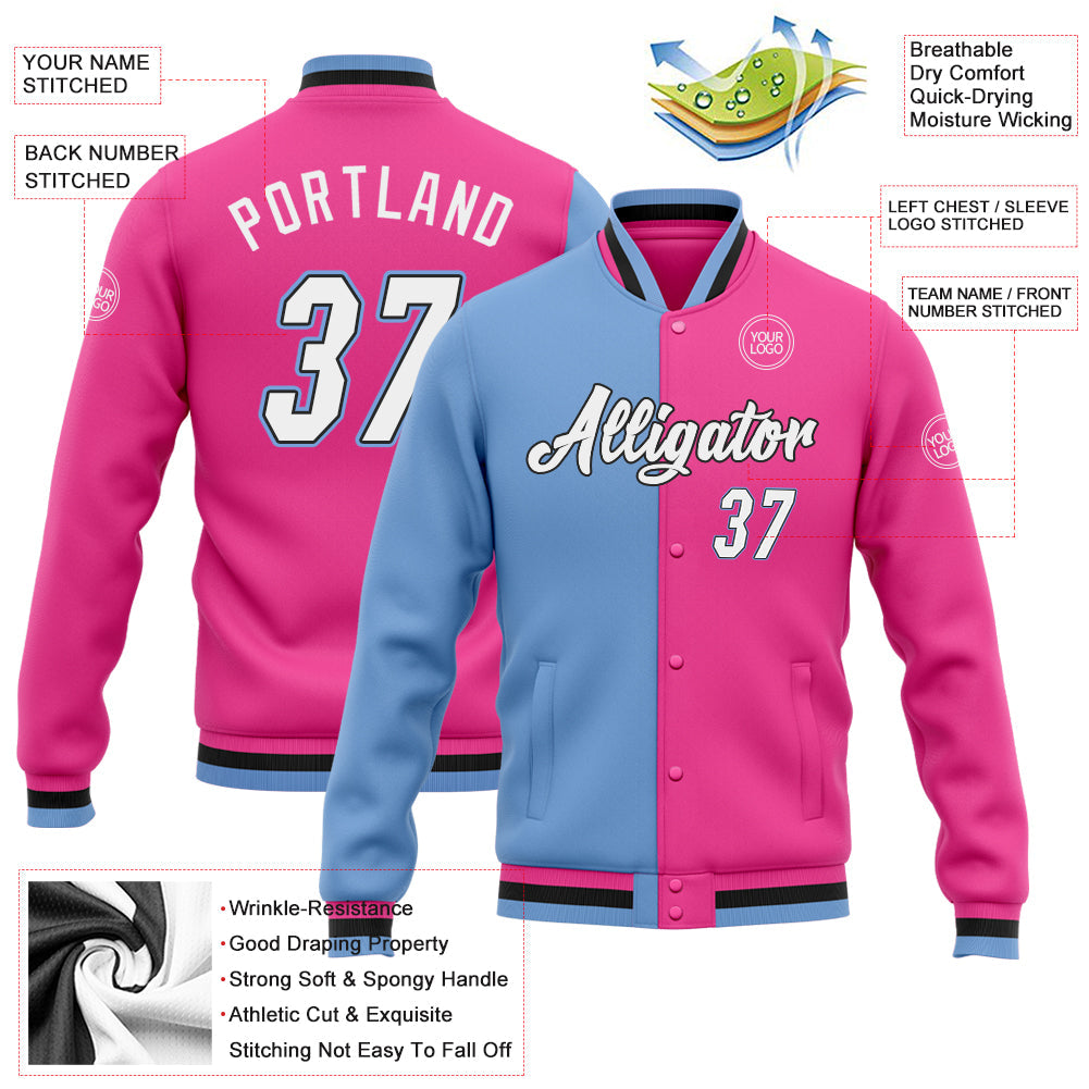 Custom Pink White Light Blue-Black Bomber Full-Snap Varsity Letterman Split Fashion Jacket view 5