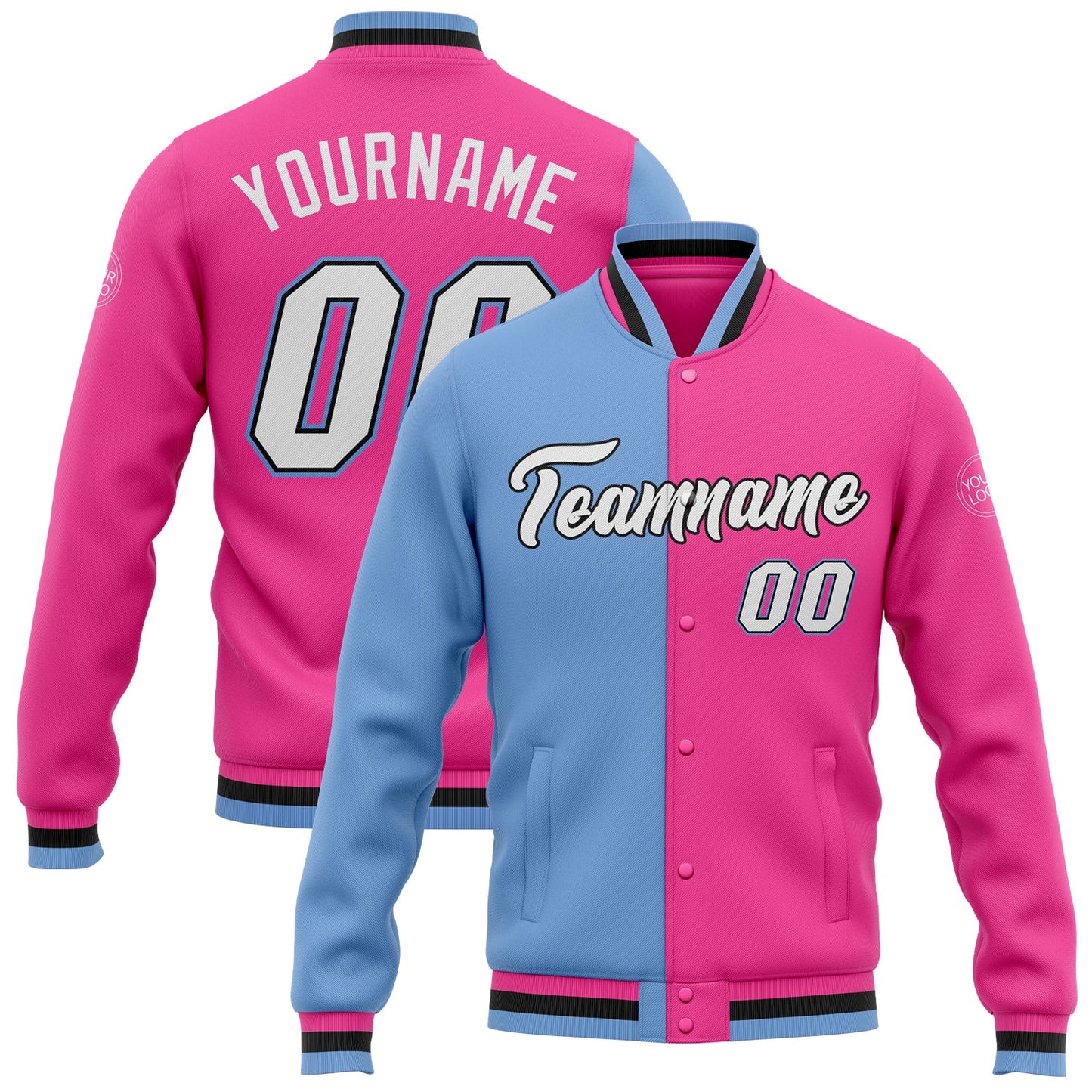 Custom Pink White Light Blue-Black Bomber Full-Snap Varsity Letterman Split Fashion Jacket - Main View