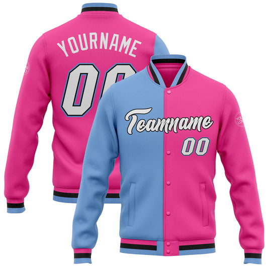 Custom Pink White Light Blue-Black Bomber Full-Snap Varsity Letterman Split Fashion Jacket - Main View
