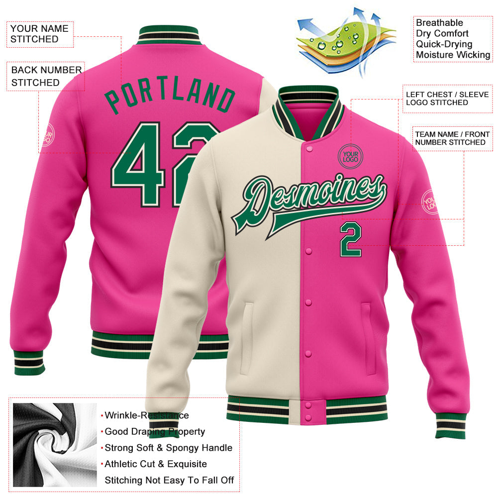 Custom Pink Kelly Green Cream-Black Bomber Full-Snap Varsity Letterman Split Fashion Jacket view 5