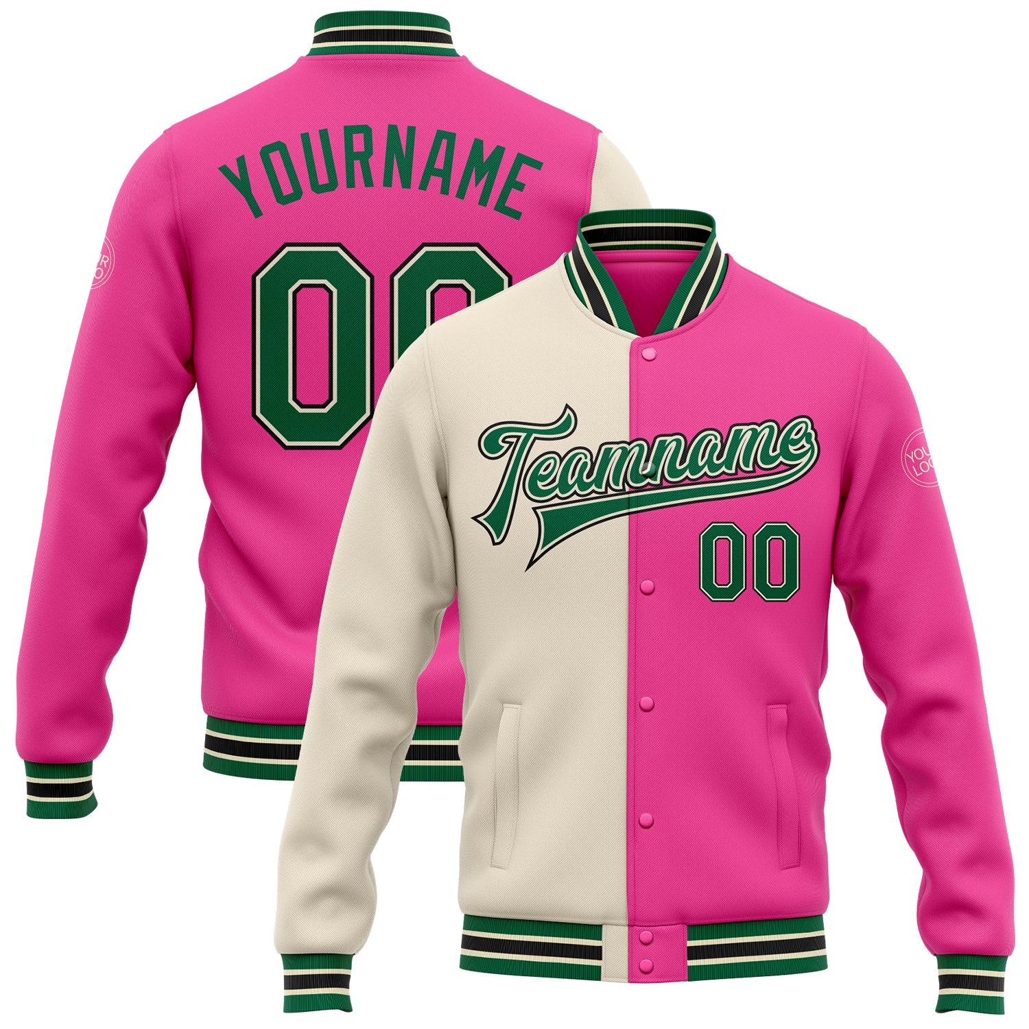 Custom Pink Kelly Green Cream-Black Bomber Full-Snap Varsity Letterman Split Fashion Jacket - Main View
