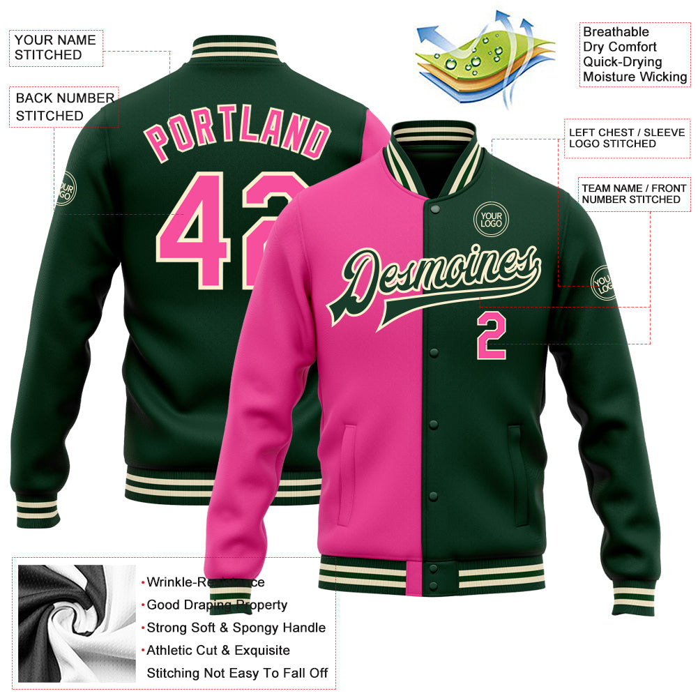 Custom Green Pink-Cream Bomber Full-Snap Varsity Letterman Split Fashion Jacket view 5