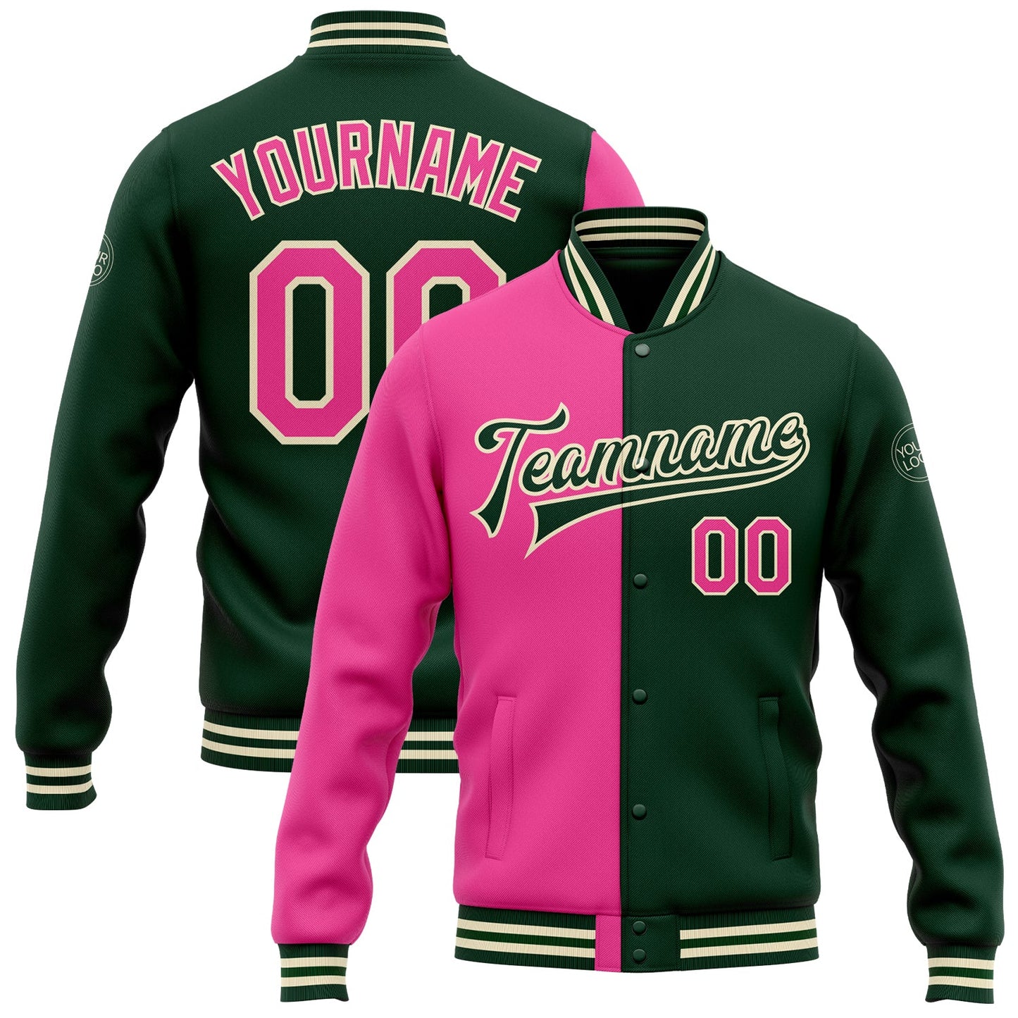 Custom Green Pink-Cream Bomber Full-Snap Varsity Letterman Split Fashion Jacket - Main View