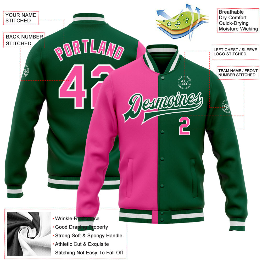 Custom Kelly Green Pink-White Bomber Full-Snap Varsity Letterman Split Fashion Jacket view 5