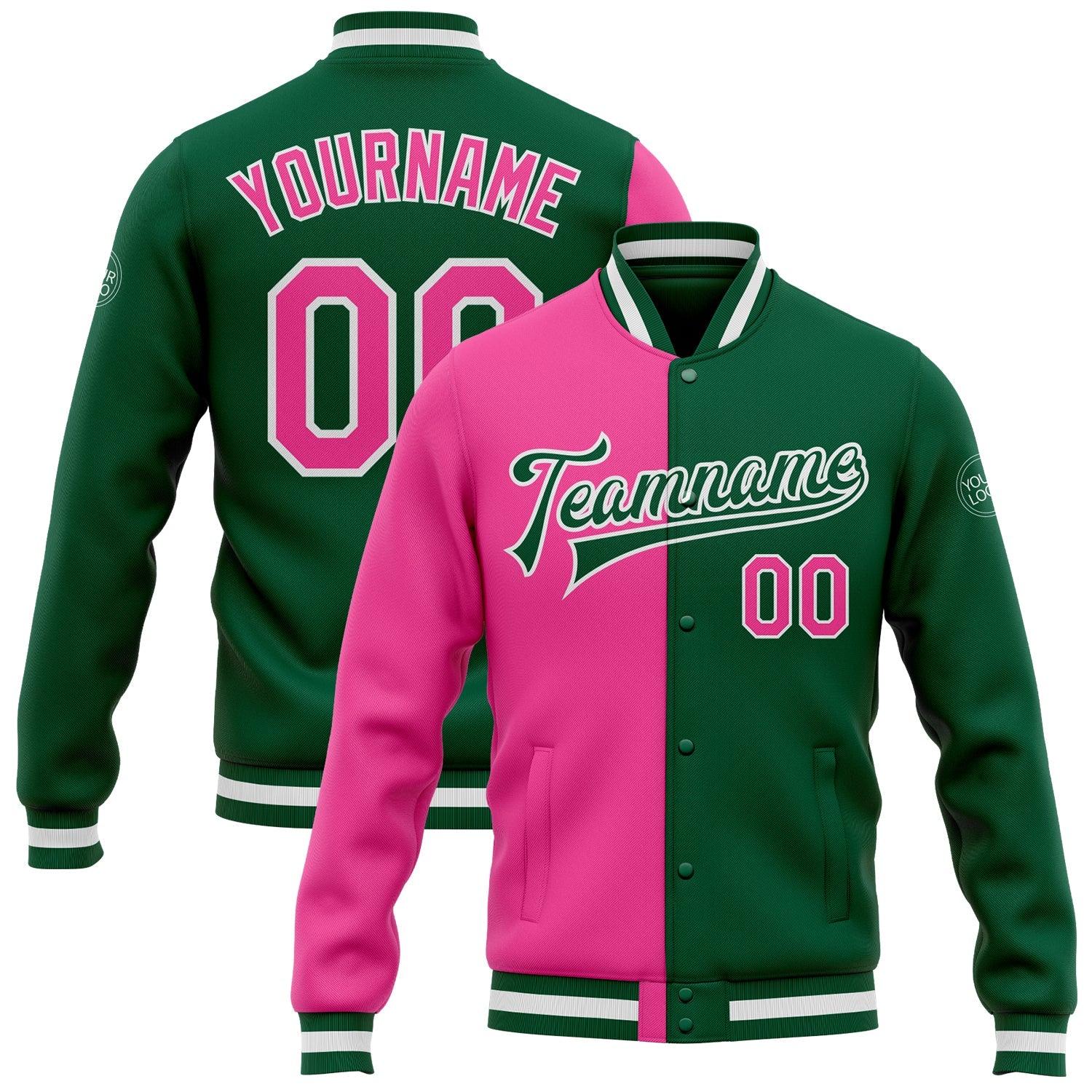 Custom Kelly Green Pink-White Bomber Full-Snap Varsity Letterman Split Fashion Jacket - Main View