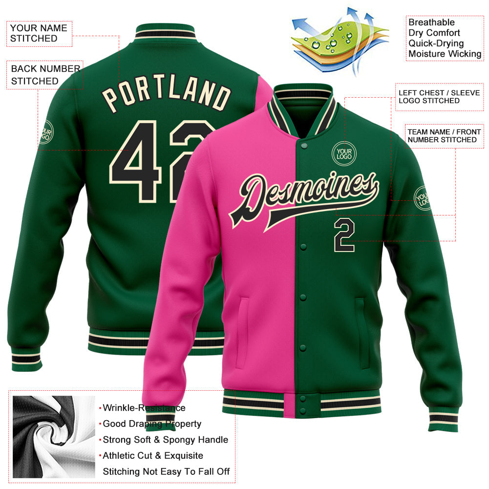Custom Kelly Green Black Pink-Cream Bomber Full-Snap Varsity Letterman Split Fashion Jacket view 5