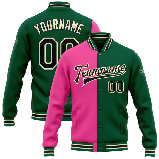 Custom Kelly Green Black Pink-Cream Bomber Full-Snap Varsity Letterman Split Fashion Jacket - Main View