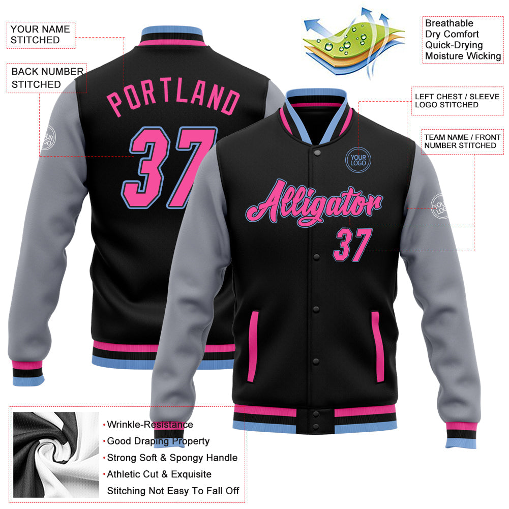 Custom Black Pink Gray-Light Blue Bomber Full-Snap Varsity Letterman Two Tone Jacket view 5