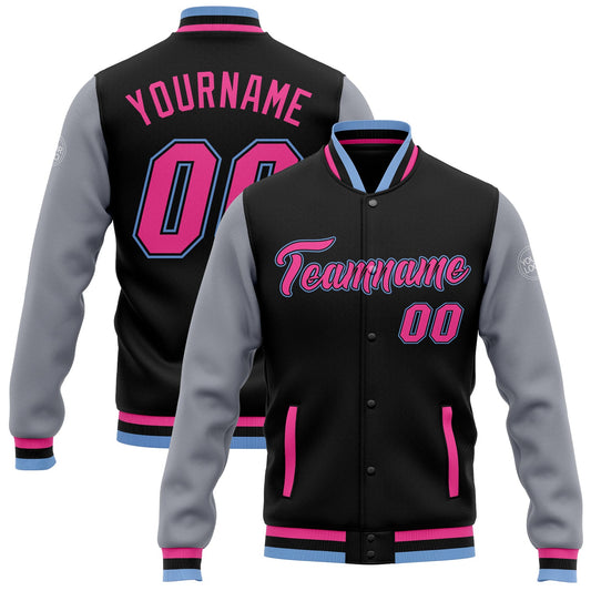 Custom Black Pink Gray-Light Blue Bomber Full-Snap Varsity Letterman Two Tone Jacket - Main View